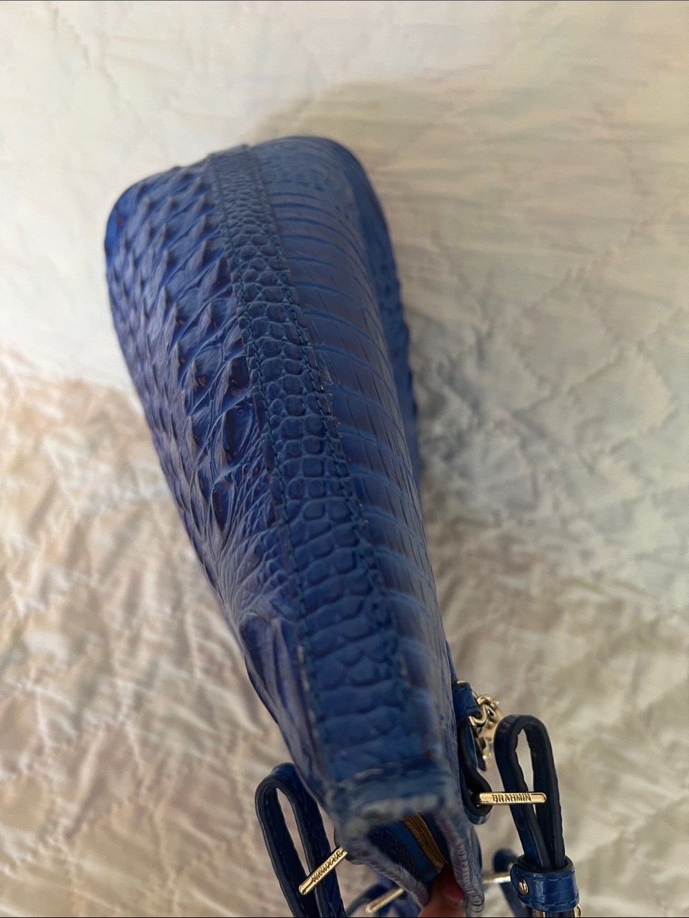 Brahmin Royal Blue Croc-Embossed Leather Tote wear on straps distinctive - Picture 4 of 12